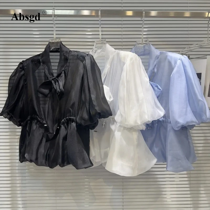 

Absgd 2025 Summer New Arrival Short Fluffy Sleeve Bow Collar Drawstring Slim Waist Chiffon Blouse Women