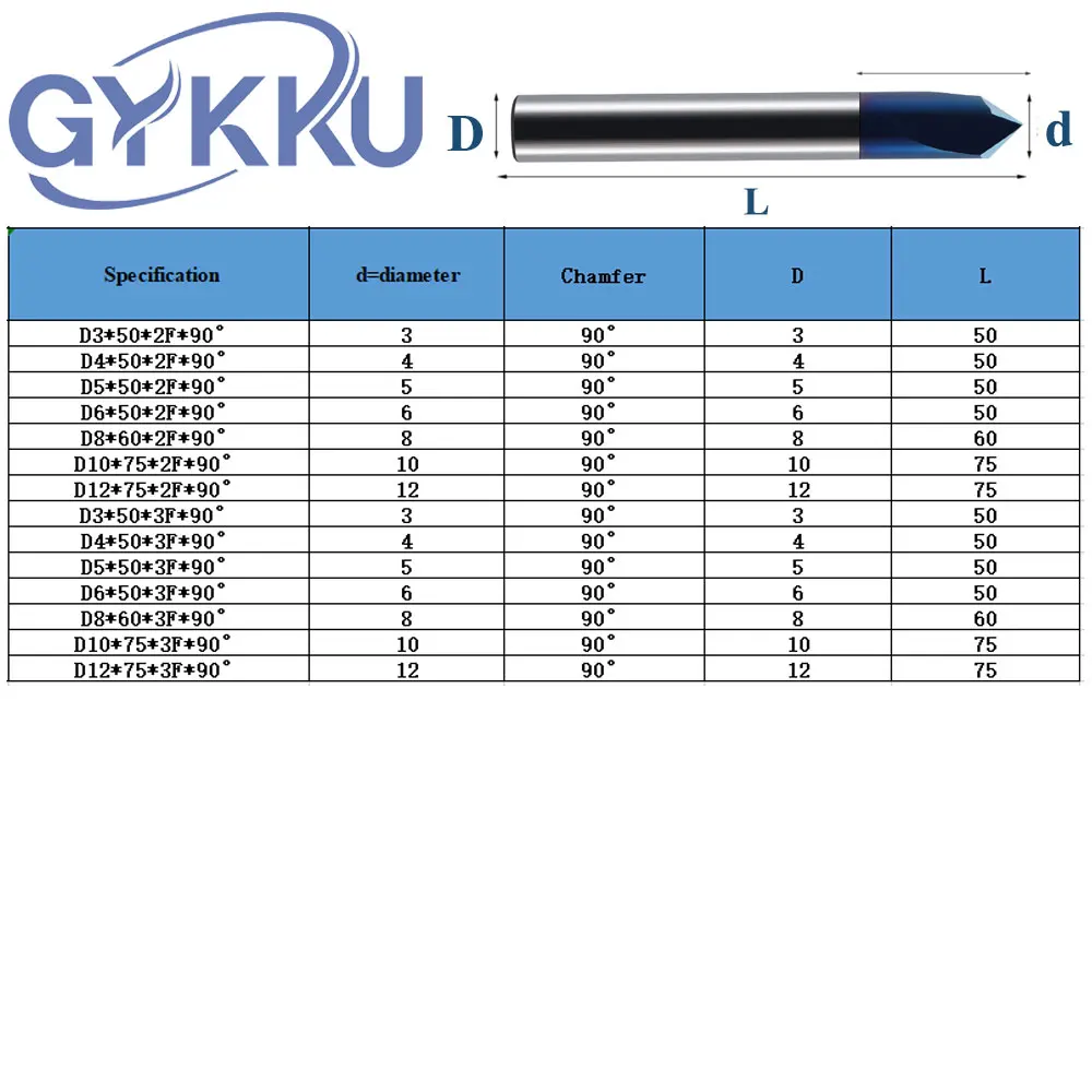 GYKKU HRC65 Chamfer Milling Cutter 2/3 Flutes Deburring Carbided End Mill 90° Engraving Endmill Bits Cnc Machine Cutting Tools