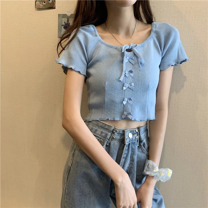 

Square Neck Knitted Short-sleeved T-shirt Women's Summer Short Top Ins