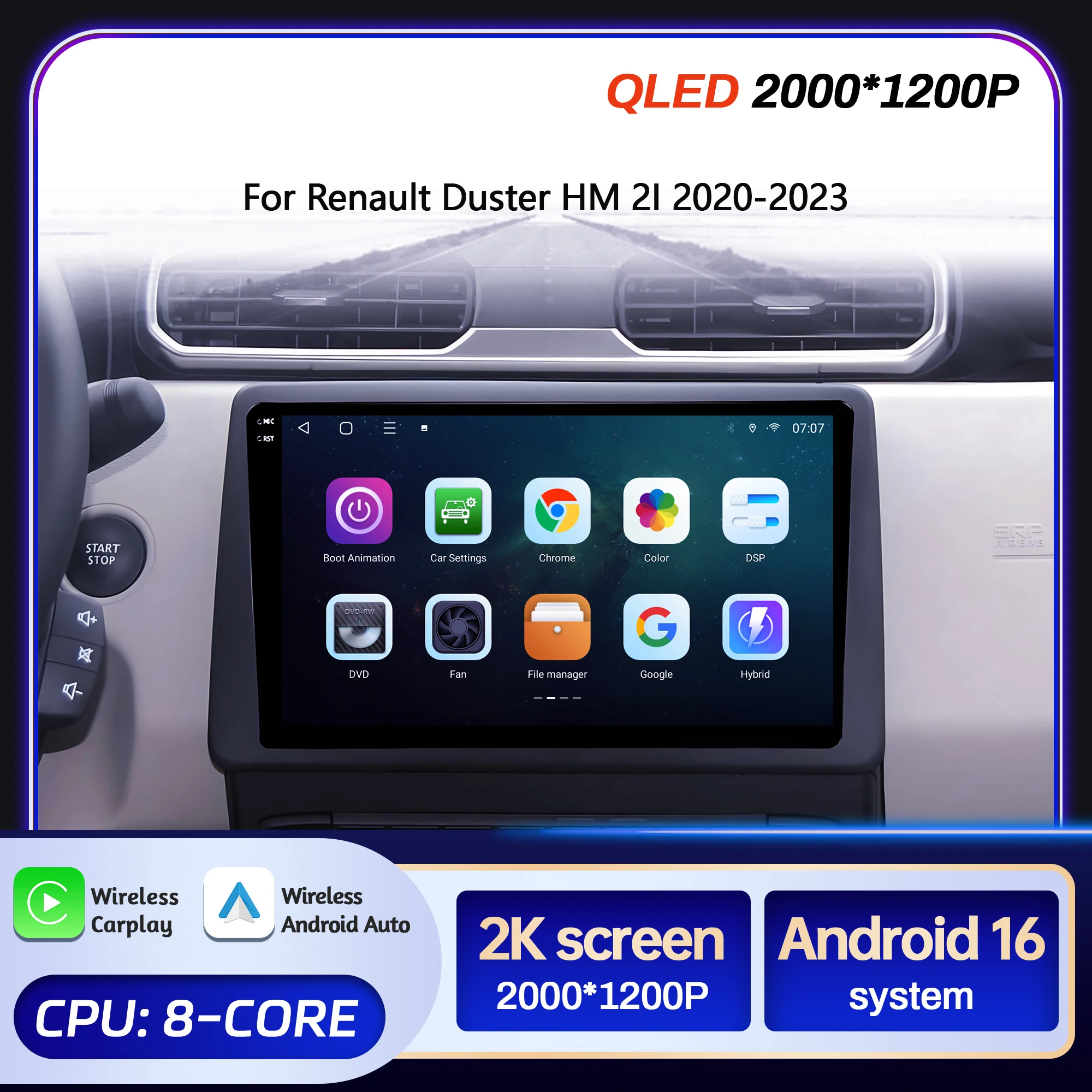 Rádio do carro de 10 polegadas para renault duster hm 2i 2020-2023 bt carplay android 16 unidade principal de navegação multimídia 2k tela qled