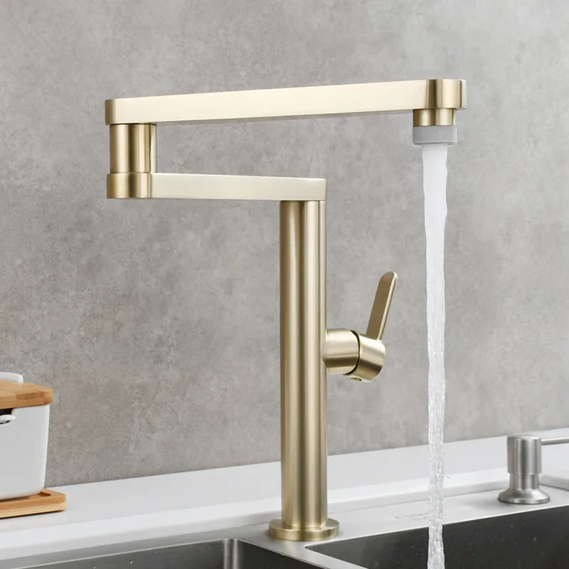 

New Kitchen Sink Faucet Single Lever Hot and Cold Foldable Rotation Basin Mixer Brass Black Gold Brush Gold Finished Decked