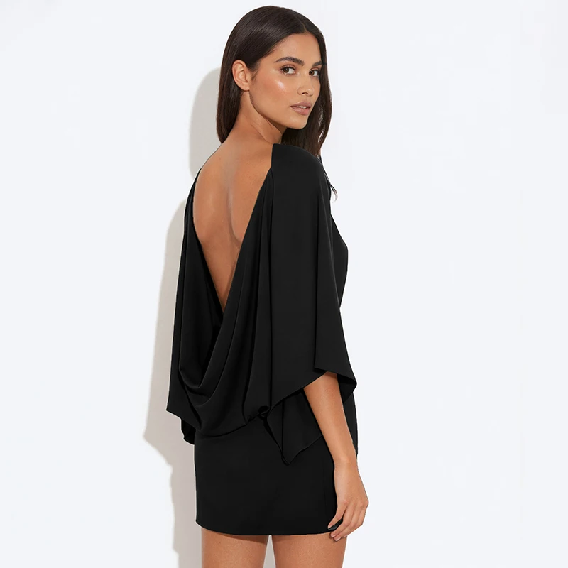 CUTENOVA Frauen Neue Ankunft Einfarbig Elegante Lange-Ärmel Zurück Tiefem V-ausschnitt Drapierten Kragen Bodycon Mini Casual Mode Kleid