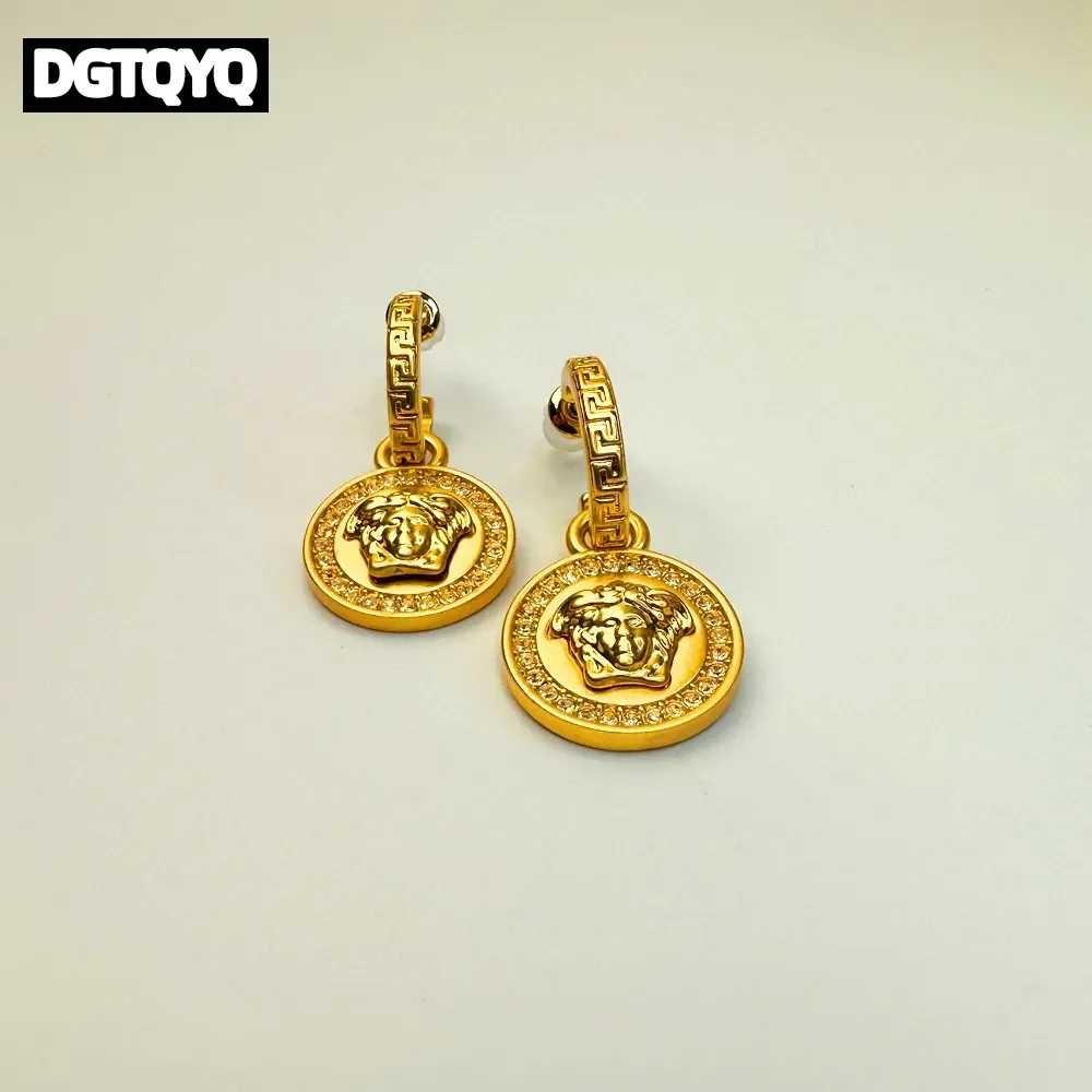 DGTQYQ Retro Head Shaped Dangle Earrings Silver Needle Coin Avatar Embedded with Round Diamonds Unique Design Luxury Earrings