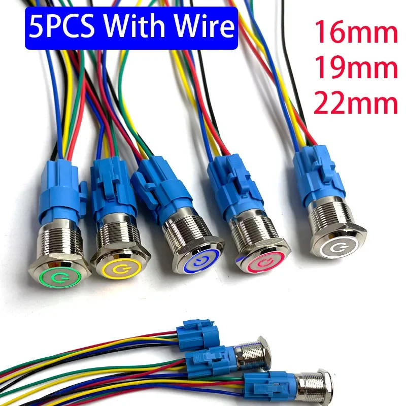 5 sztuk Metalowy przełącznik przyciskowy 12 V 16 mm 19 mm 22 mm Lampa pierścieniowa Symbol zasilania Wodoodporne światło LED Samoblokujący reset ze złączem 220