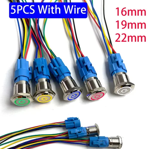 Imagen 1 del producto 5 uds interruptor de botón de Metal 12v 16mm 19mm 22mm lámpara de anillo símbolo de alimentación luz LED impermeable reinicio de bloqueo automático con conector 220