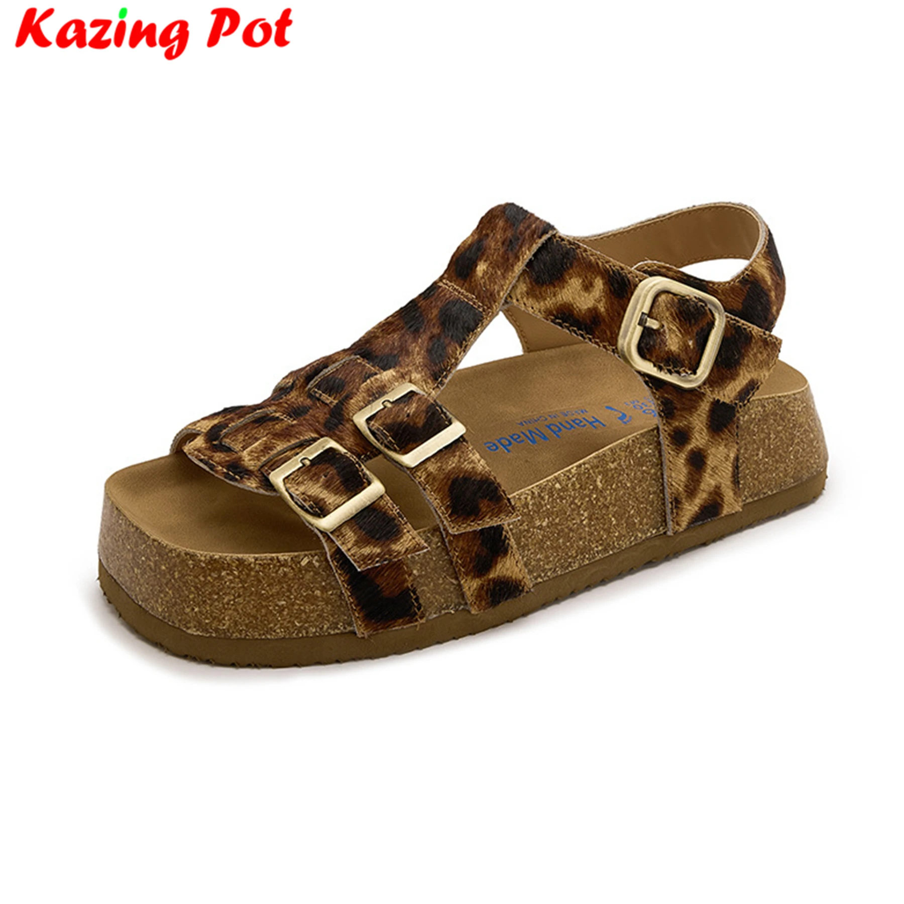 Krazing Pot Brand Horsehair Leopard Print Peep Toe Buckle Straps Summer Shoes Slingback Med Heels Casual Platform Women Sandals