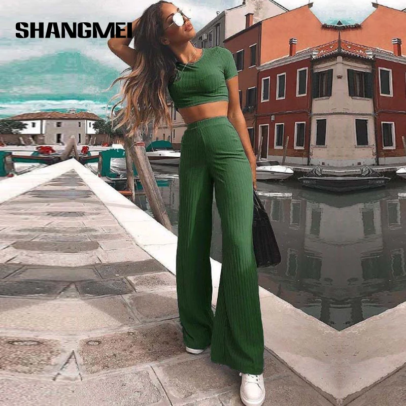 Fashion Women Sets Casual Solid Rib Knit Short Sleeve Crop Top High Waist Wide Leg Pants Suits Lady Tracksuit Loungewear