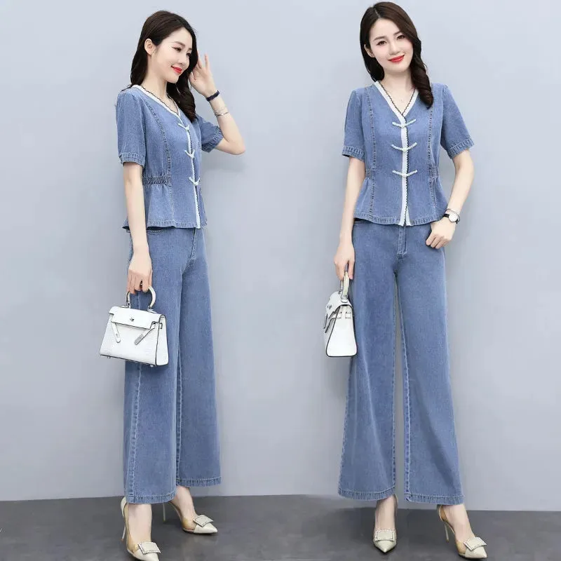 One Piece/Set Ice Silk Denim 2PCS Women 2024Summer New Cowboy Suit Casual Jacket Outfit Thin Wide-Leg Pants Two-Piece Female Top