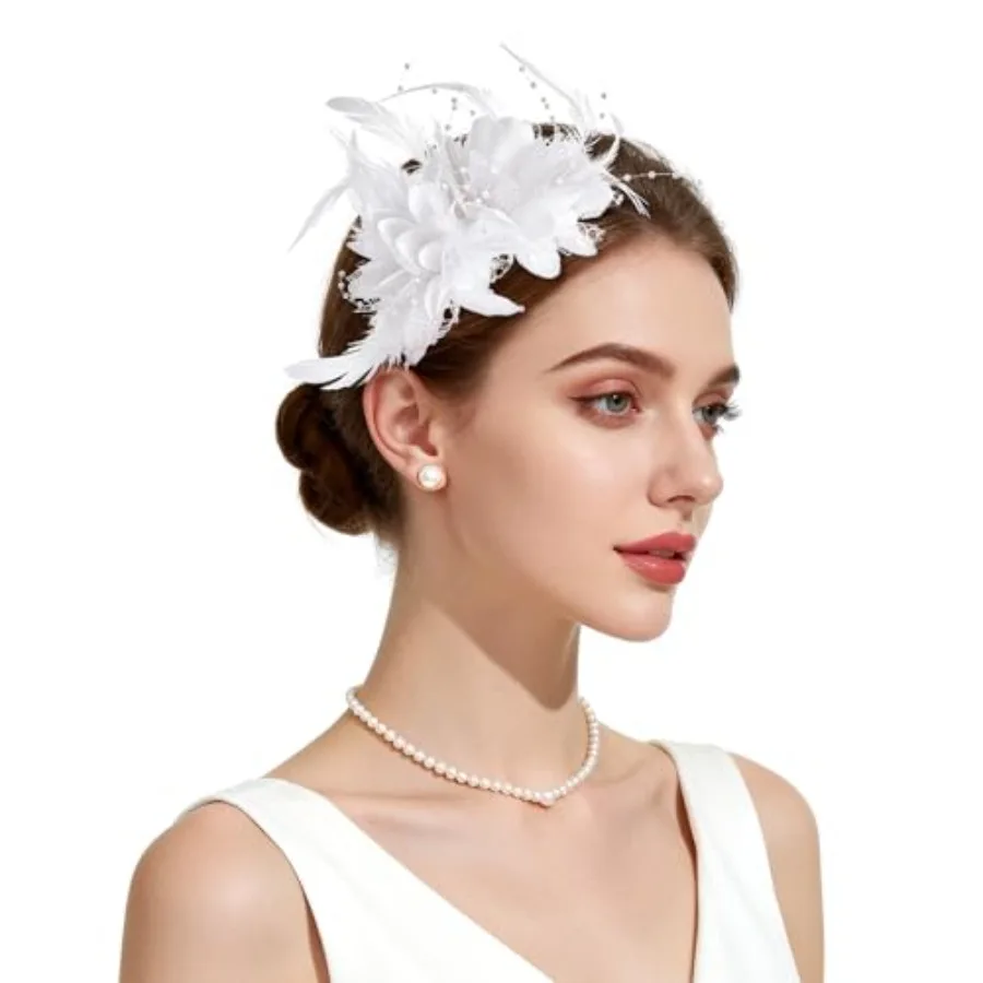 Womens Fascinators Hats Tea Party Hats for Women, Feather Pearl Headband for Wedding Cocktail Dresses Accessories