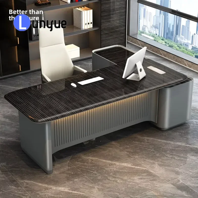 Luxury L-Shaped Executive Desk with Under-Desk LED Glow Metallic Ribbed Base International Socket for Complete Office Suite