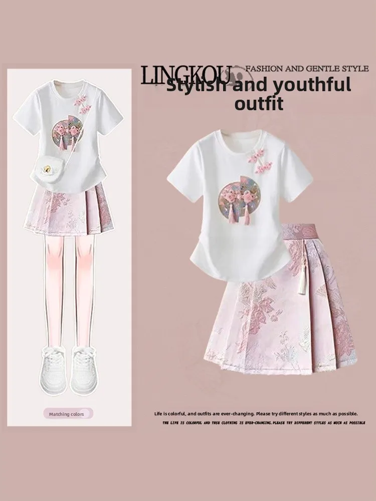 

Летний комплект в национальном стиле больших размеров: новый китайский стиль, топ с коротким рукавом в стиле ханьфу, розовая юбка-мамайянь, две части