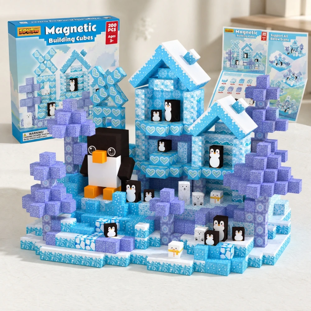

FUNXINEE 100pcs Magnetic Building Blocks, Ice Snow World Penguin Igloo, 3D DIY STEM Educational Toy, Creative Holiday Gift Box
