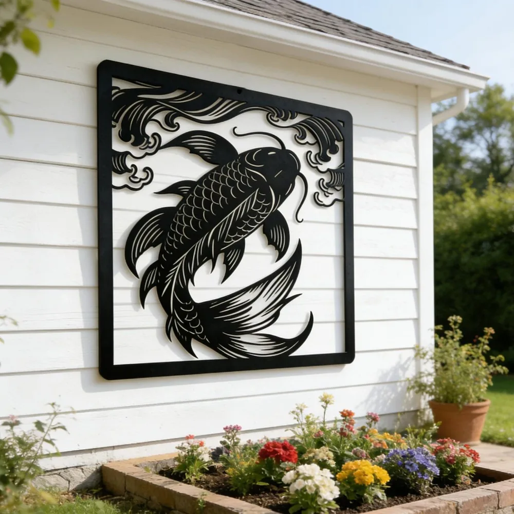 Flat Lucky Koi Fish Metal Wall Art, Iron Silhouette, Rust‑Resistant Asian Inspired Good Fortune Wall Hanging, Ornament