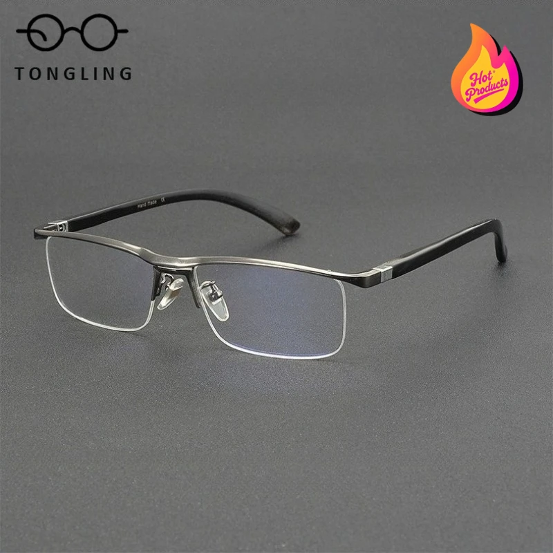 New fashionable highend bull horn leg men halfframe pure titanium business casual spectacle supports custom prescription glasses