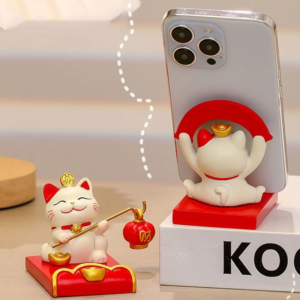 

Figurine Miniature Items Lucky Cat Phone Holder Resin Crafts Exquisite Animal Mobile Phone Stand Realistic Chinese Style