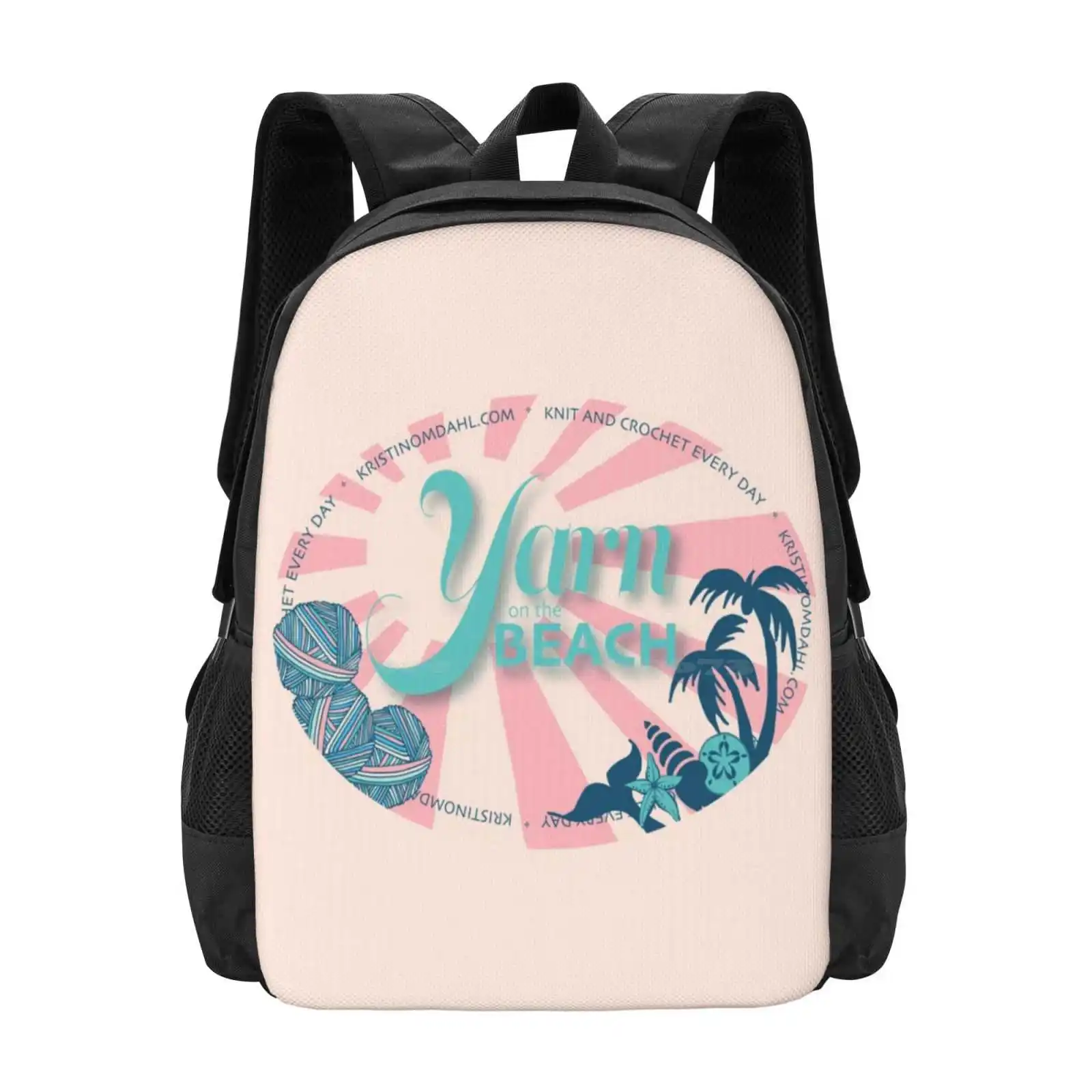 Yarn On The Beach 3D Print Design Backpack Student Bag Knitting Crochet Yarn Balls Kristin Omdahl