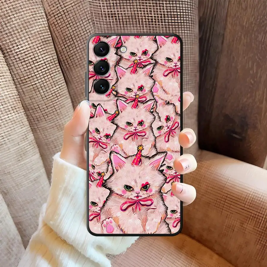 حافظة لهاتف سامسونج جالاكسي A06 A01 A02 A50 A70 نوت 20 Ultra 9 10 A30 A40 A05 A10 A20 A03 A04 قطة وردية لطيفة #1