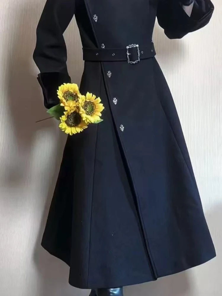 2025 الشتاء القوطية مربوط سليم منتصف طول معطف الصوف أسود أنيق المرقعة خندق شارع العليا مكتب سيدة سترات رجالي جديد #6