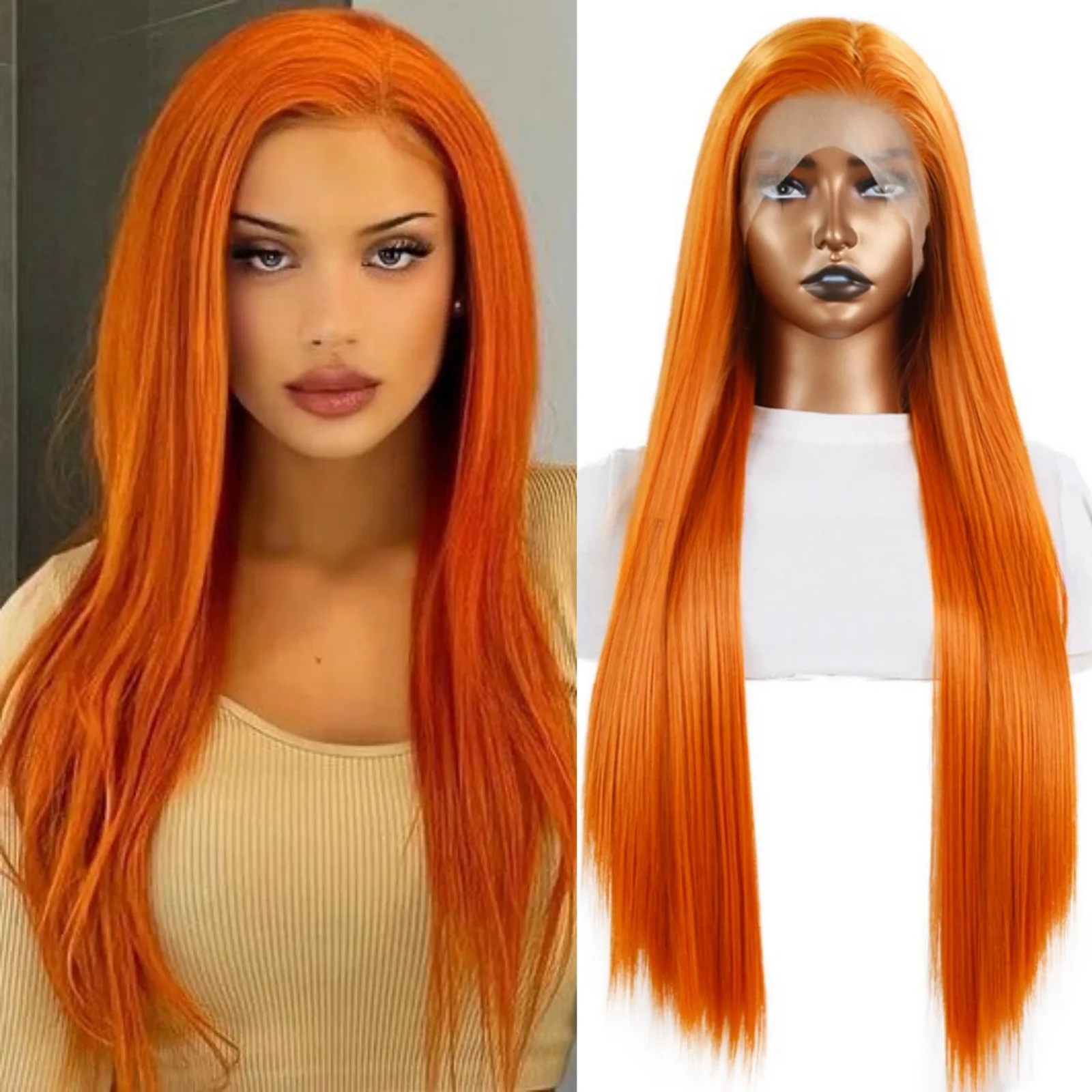 Orange Wig Long Straight Synthetic Lace Front Wig Glueless Wigs for Women Party Cosplay Bright Ginger Hair Lace Frontal Wigs