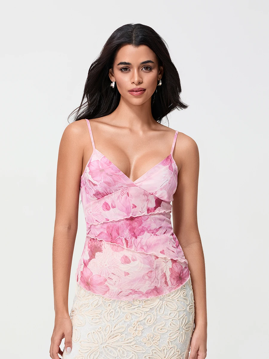 New Womens V Neck Cami Tops Sleeveless Spaghetti Strap Floral Print Camisole Mesh Shirt Hot Sale S-XL