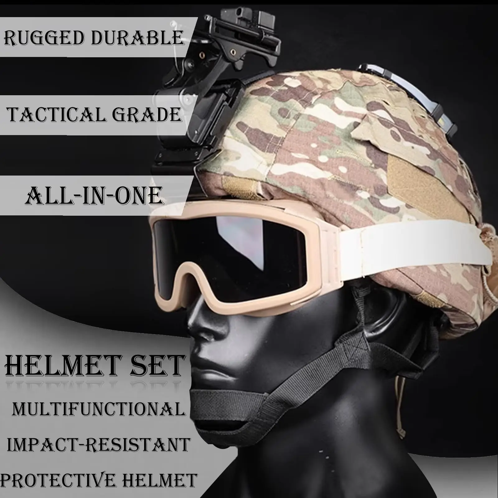 

Multifunctional Impact-Resistant MICH2000 Tactical Helmet Set with Goggles, Marker Lights, Helmet Cover and NVG Mount