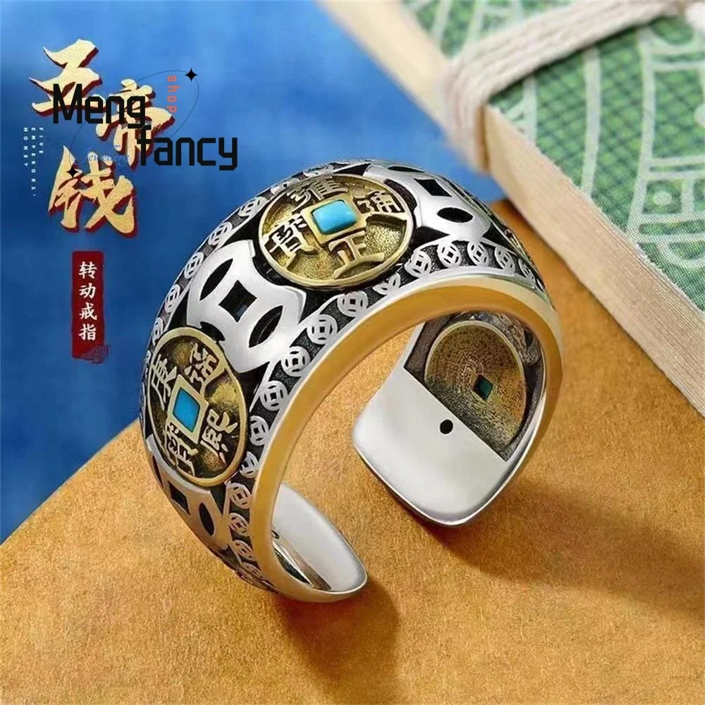 Natural Turquoise Spinning Five Emperor's Money Thai Silver Ring Retro Personalized Ethnic Style Fashion Jewelry Holiday Gifts