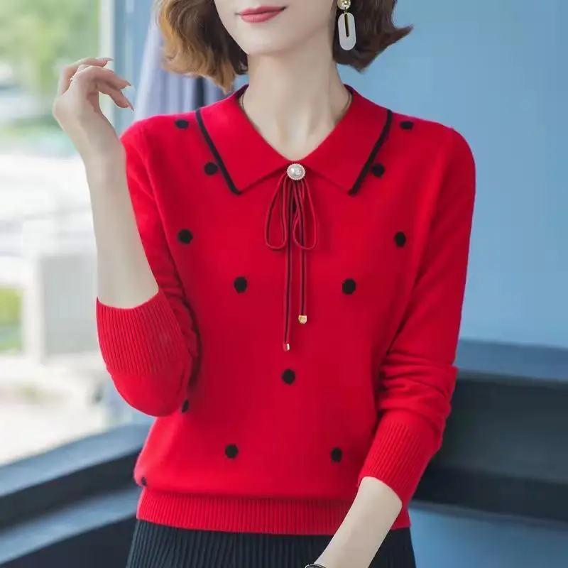 Autumn Winter Dot Printing Turn Down Collar Large Nail Bead Bow Decorate Thick Pullovers Straight Women Knitting Sweaters 3XL