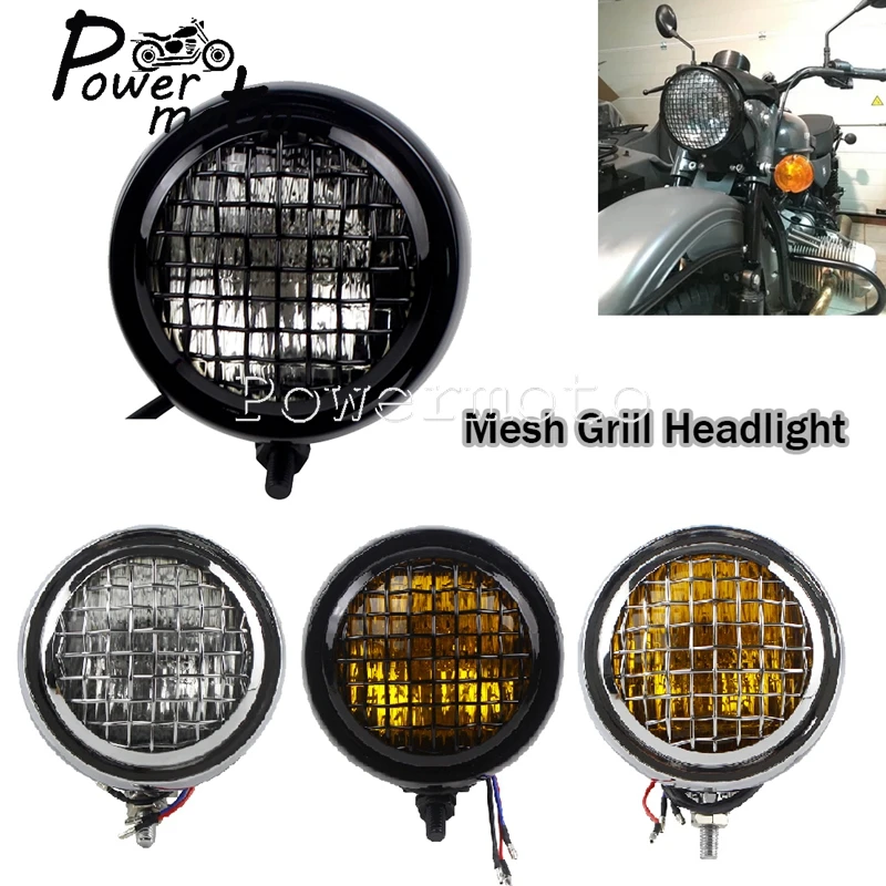 Chrome Retro Motorcycle Headlamp 4.5'' Vintage Headlight Grill Cover For Harley Yamaha Suzuki Honda Cafe Racer Bobber Chopper