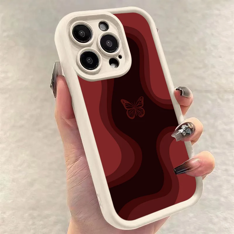 Trendy Red Butterfly Pattern Shockproof Phone Case For iPhone 16 15 14 11 Pro Max 13 12 Mini X XR XS 7 8 16 Plus TPU Soft Cover