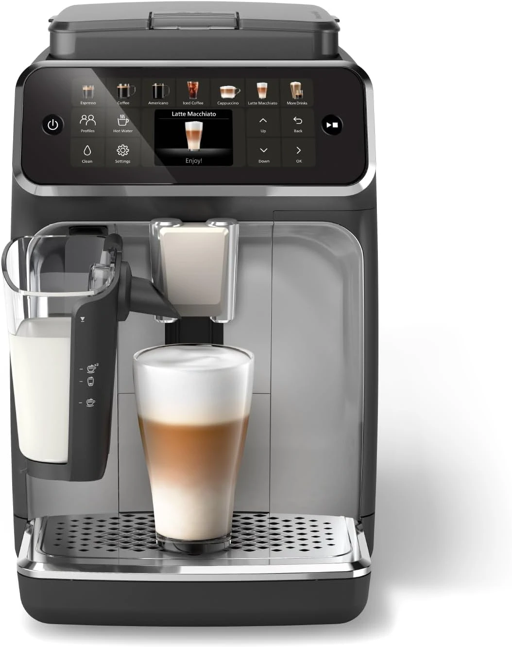 

Fully Automatic LatteGo Espresso Machine, SilentBrew Technology, Quick Start. Aromatic Coffee from Freshly Ground Beans