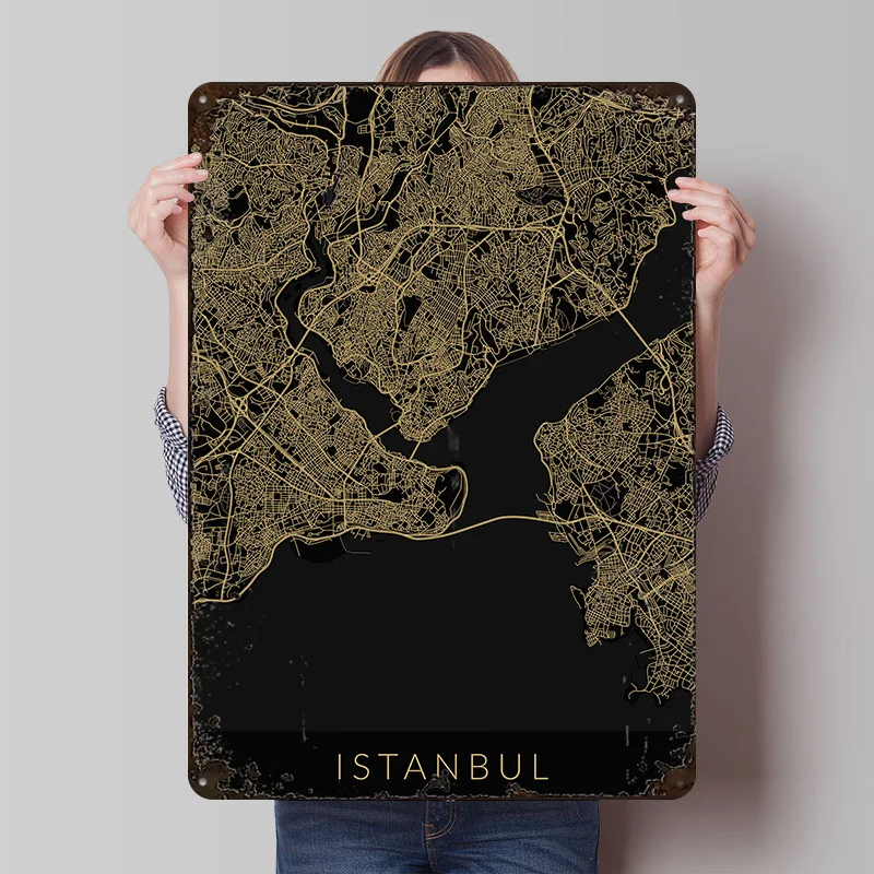 Istanbul-Karte Schwarz-Gold-Poster, personalisierte Vintage-Metallschilder, Wandkunst, Retro-Blechschild für Heimdekoration, Raumzubehör, Inneneinrichtung