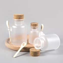 1PCS 100/200/300/500g Empty Bath Salt Bottle Plastic Matte Cork Jar Women Bottles Container Refillable Bottle With Wood Spoon