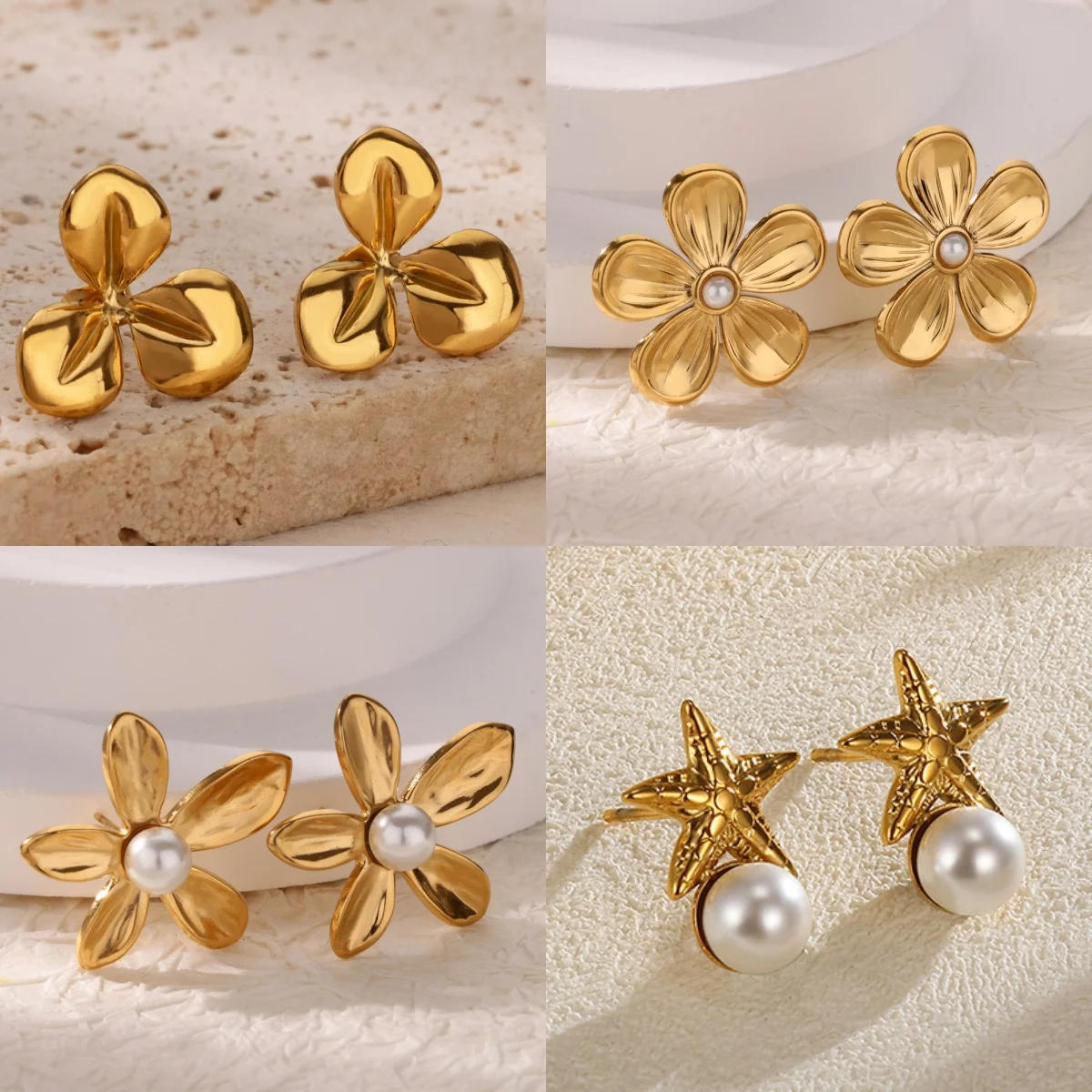 Simple Floral Women's Stud Earrings 18K Gold-Plated Imitation Pearl Wedding Jewelry Gift