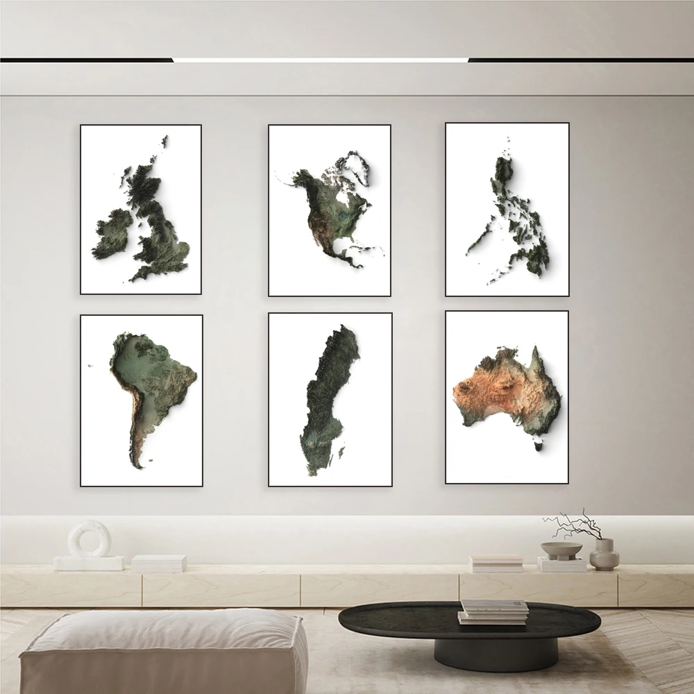 Germany, British Isles, Philippines, Sweden, Europe, South America, Asia, Africa, North America shaded relief map poster print