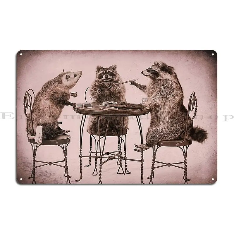 Two Raccoons And Opossum Playing Poker Metal Sign Designer Cinema Wall Decor Wall Decor Cinema Tin Sign Poster