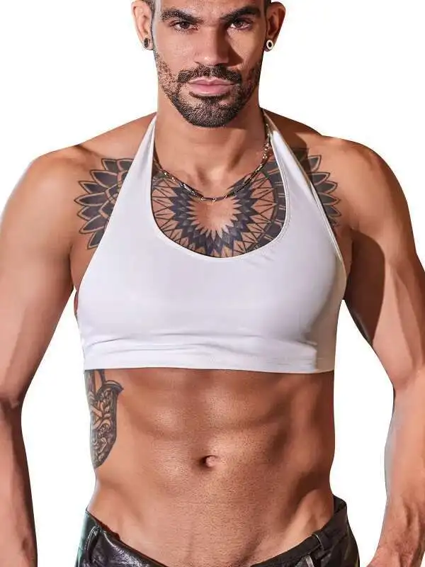 Men Sexy Oil Glossy Shiny Short Tank Tops Thin PU Strap Short Vest Fashion Top High Elastic Sleeveless Shirt Dance Wear R6UH