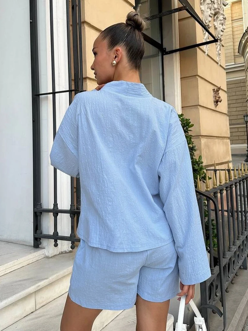 Marthaqiq-Ensemble de pyjama sexy en coton à col en V pour femmes, chemise de nuit à manches longues, short à lacets, vêtements décontractés pour la maison