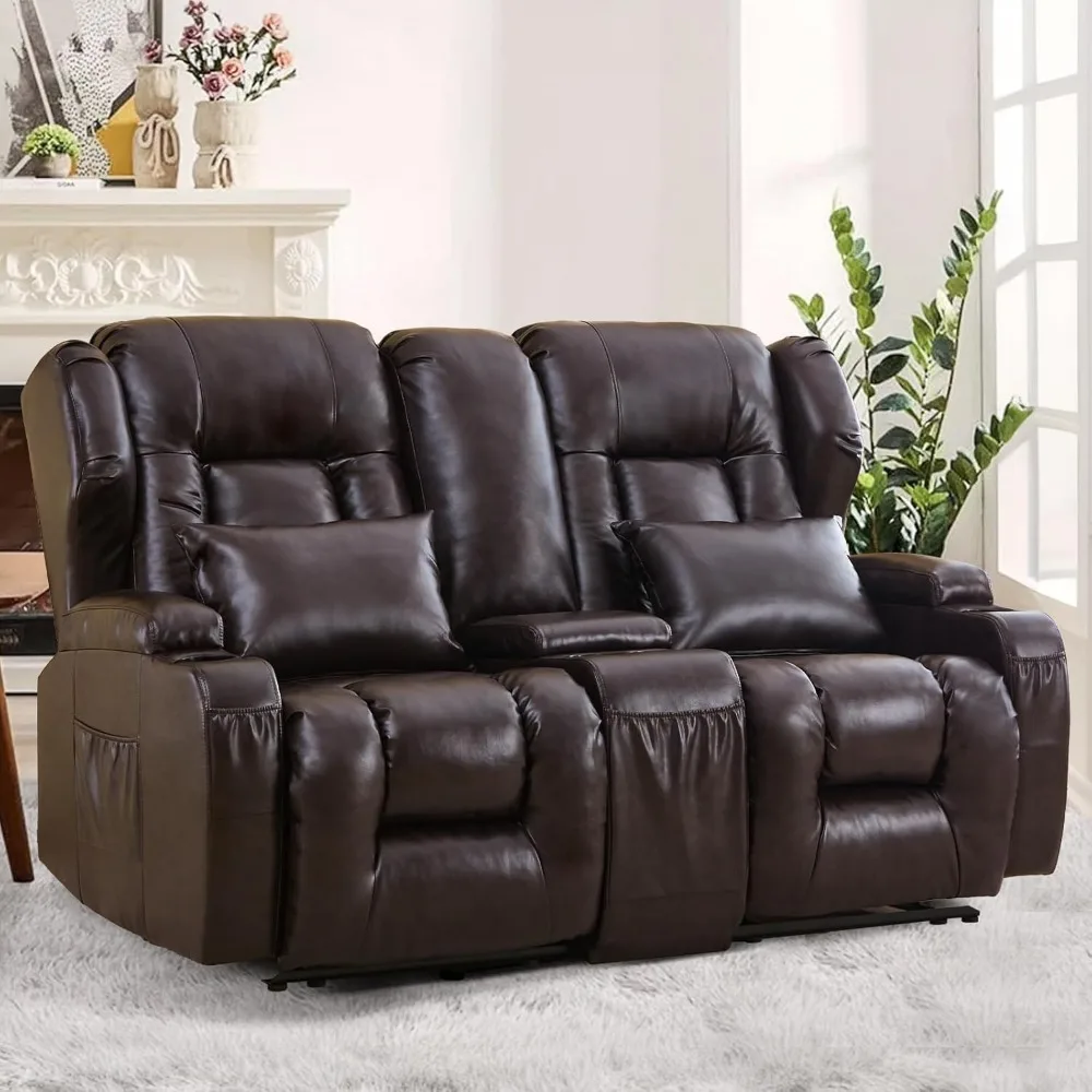 

65" Loveseat Recliner RV Sofa - Double Manual Recliner Sofa with Console Litchi Leather Home Theater Seating Rv Furniture