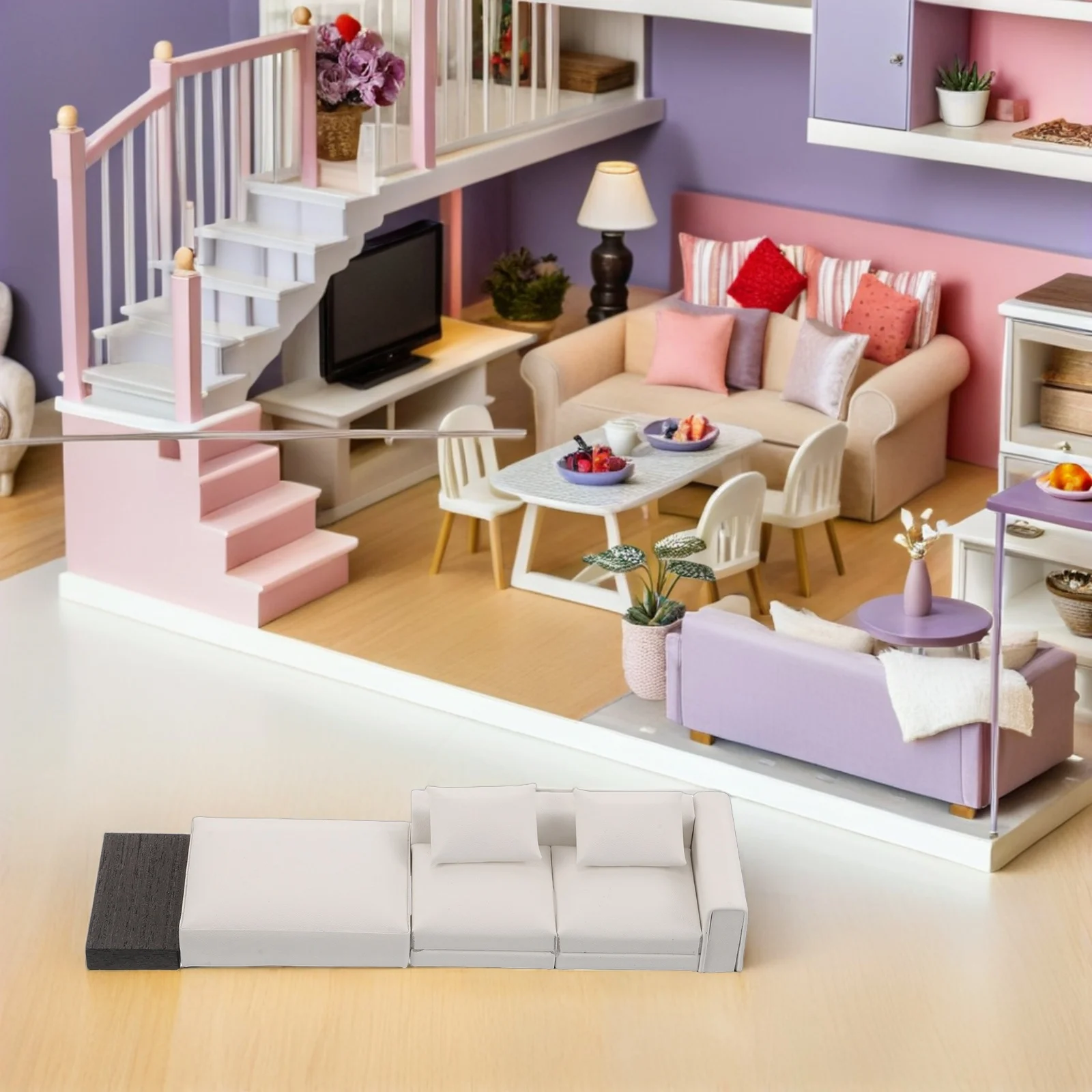 Miniaturowy zestaw mebli do salonu w skali 1:20: sofa, kanapa, poduszki, akcesoria do zabawy w udawanie, sztuczne meble do domku dla lalek.