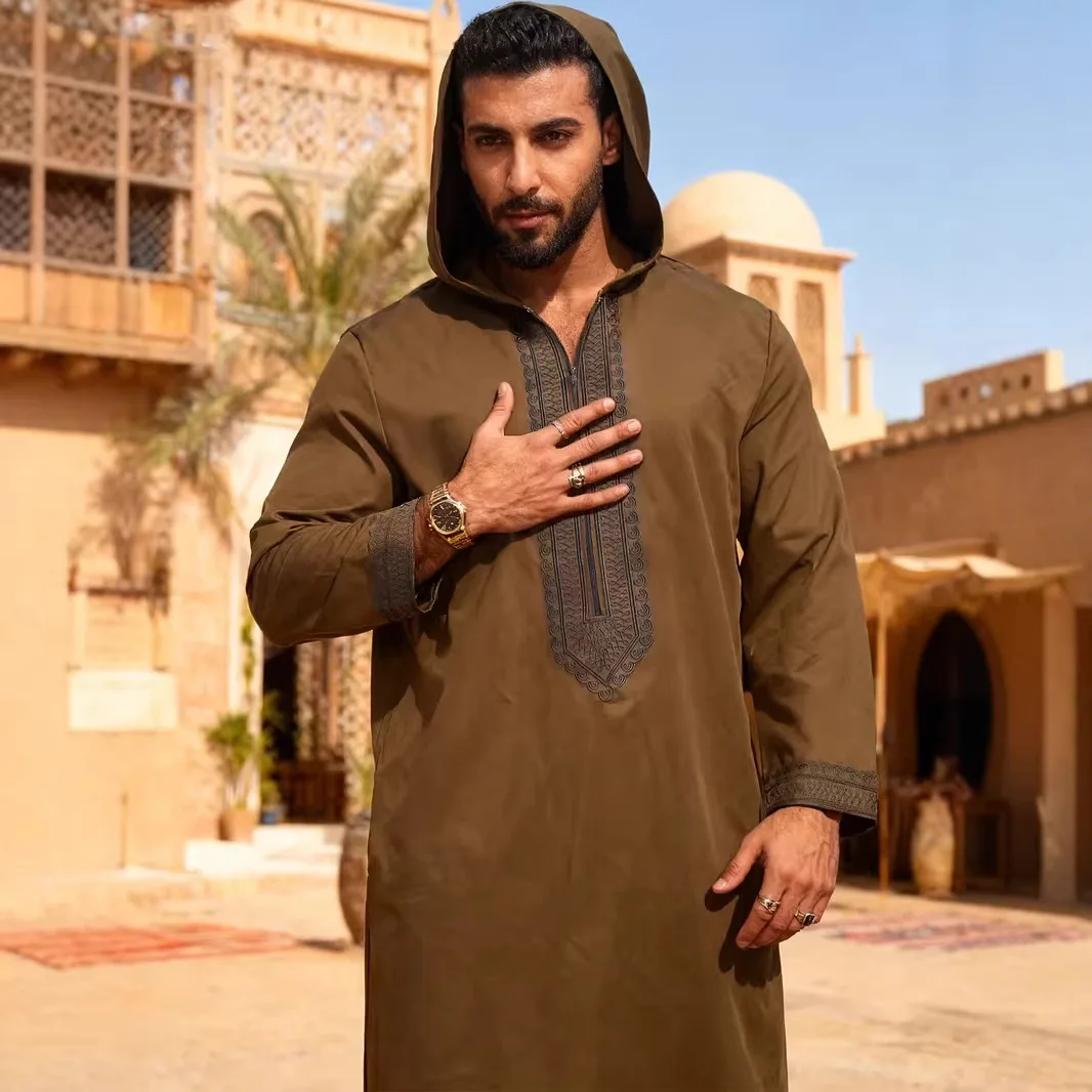 

Мужская длинная рубаха-джубба/тоба с вышивкой, халат с капюшоном, мусульманский, однотонный, скромный, в стиле Ближнего Востока, Марокко, Дубай, с вставками, весенний