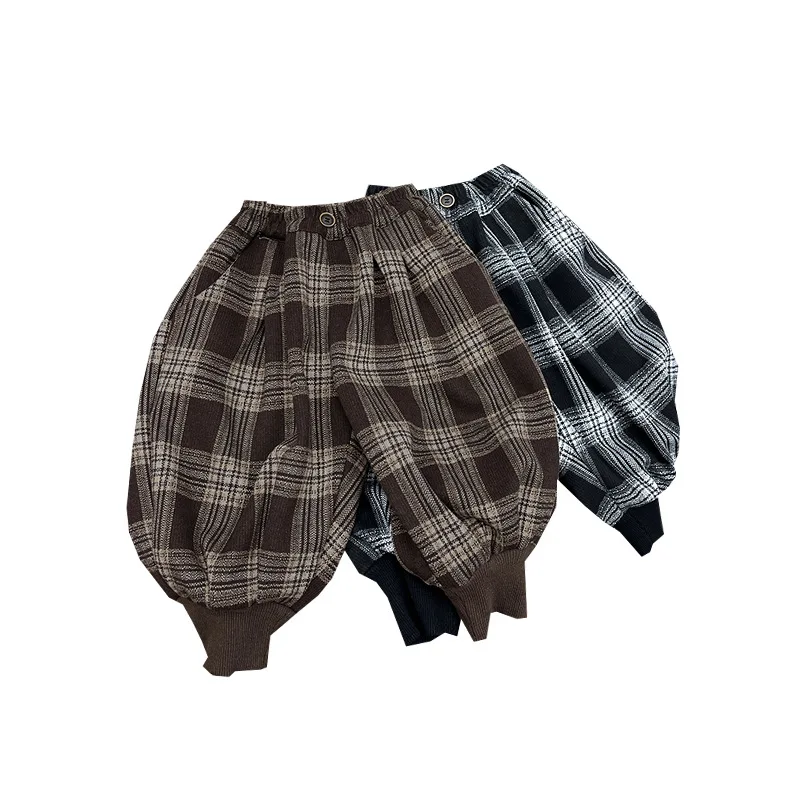 2025 Autumn New Children's Cotton Checkered Elastic Waist Warm Thick Pants