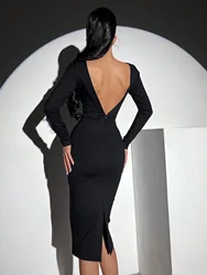 Women's Fashion Spring Summer Sexy Elegant Black Long Sleeve Midi Backless Bodycon Bandage Dress Party Cocktail Evening Dress
