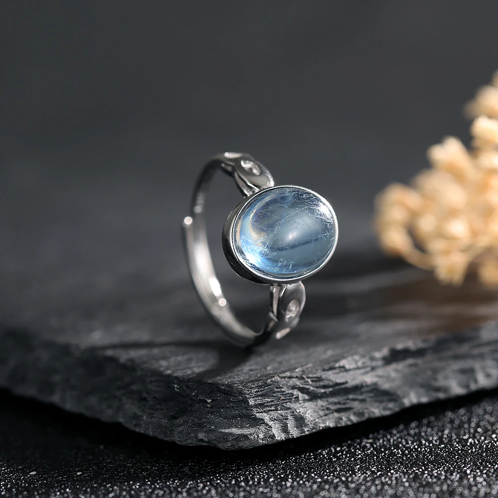 Genuine S925 Sterling Silver Women's Ring Natural Aquamarine Stone 11*9mm Oval Cut Adjustable Wedding Bands Jewelry Gifts