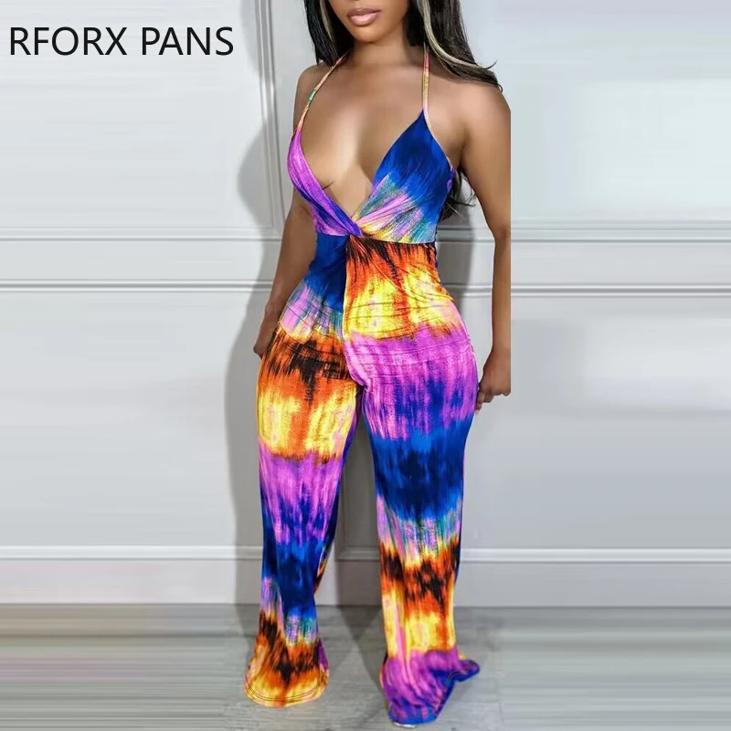 

Women Spaghetti Straps Halter Sleeveless Allover Print Deep V Neck Sexy Straight Leg Jumpsuits