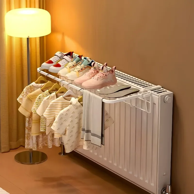 Heavy-Duty Wall-Mounted Radiator Rack - Pull-Out Clothes Drying Shelves & Rods | Space-Saving for Winter Garments (Black/White) view 2