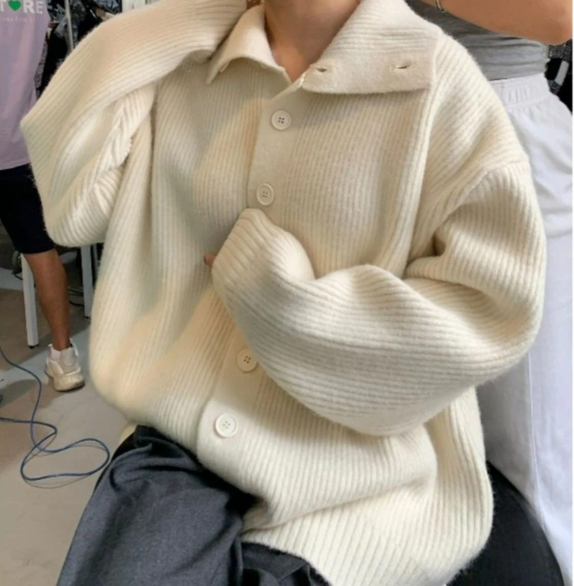 

Gray Turn-Down Collar Knitted Cardigan for Women 2025 New Loose Lazy Style High Neck Sweater Coat Top for Autumn and Winter