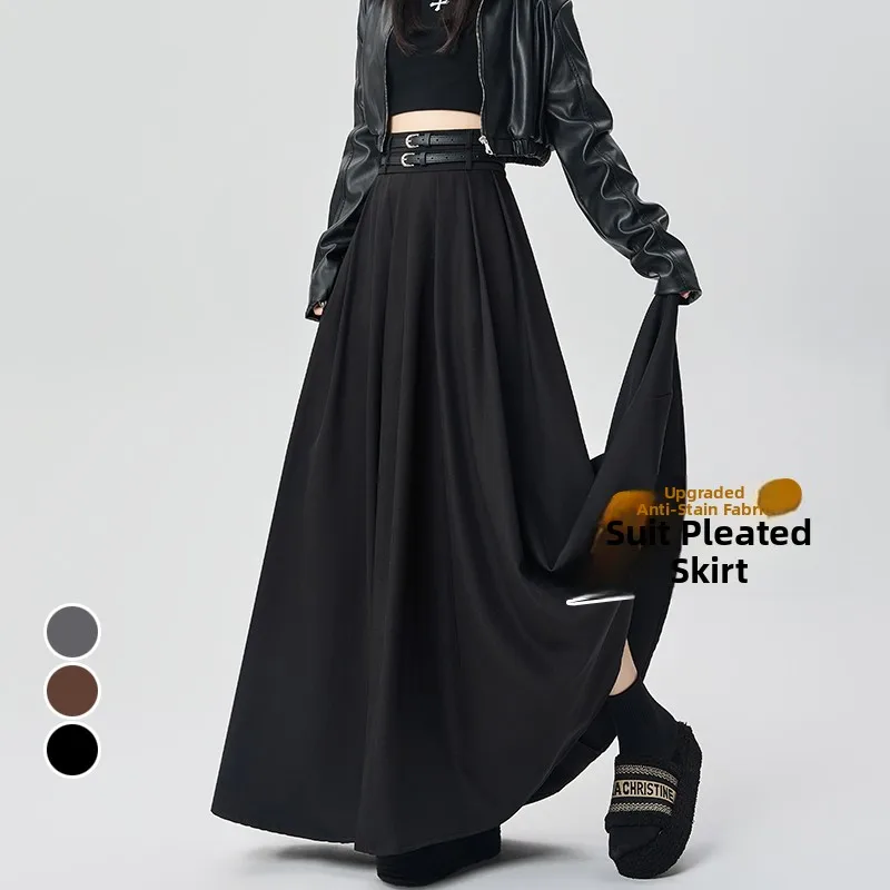 High Waist Double Belted Suit Skirt Women's Autumn 2026 Gored Skirt Ultra Flared Long Dress Korean Style Commute Folded Polye...