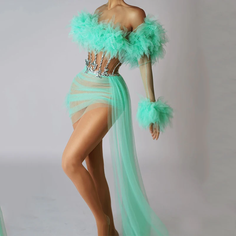 Robe de Soirée Sexy en Maille avec Strass pour Femme, Tenue de Festival, Costume Triblockchain, Mini, 3 Tours, XS7393