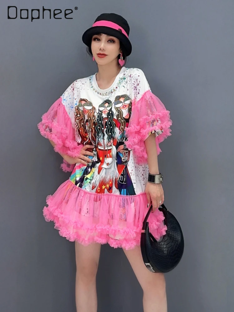 

2024 Summer New Heavy Industry Diamond-Embedded Mesh Printed Loose Dress Female Fashion Kawaii Clothes Women's Long T-shirt