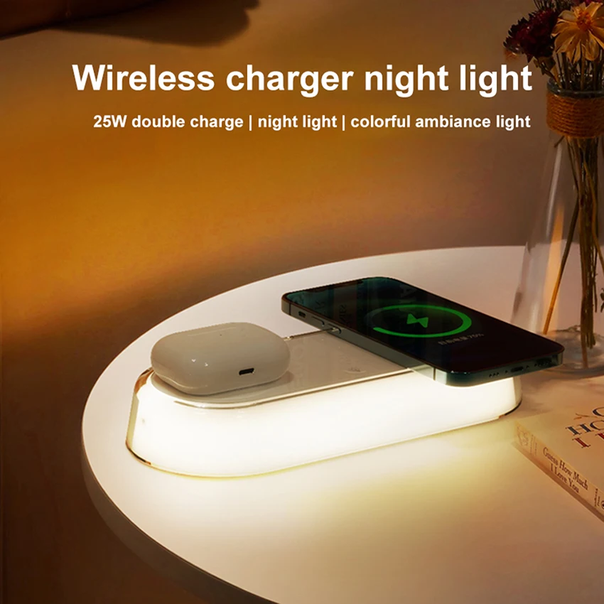 Inductive Charging Station with Sleep Friendly LED Night Light for Phone and Earbuds Fast 15W Wireless Charger